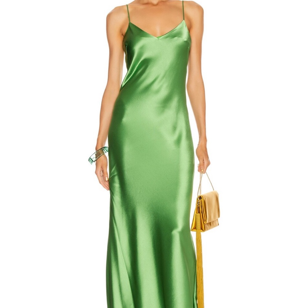 NWT Galvan London Satin V Neck Slip Dress in Jungle Green